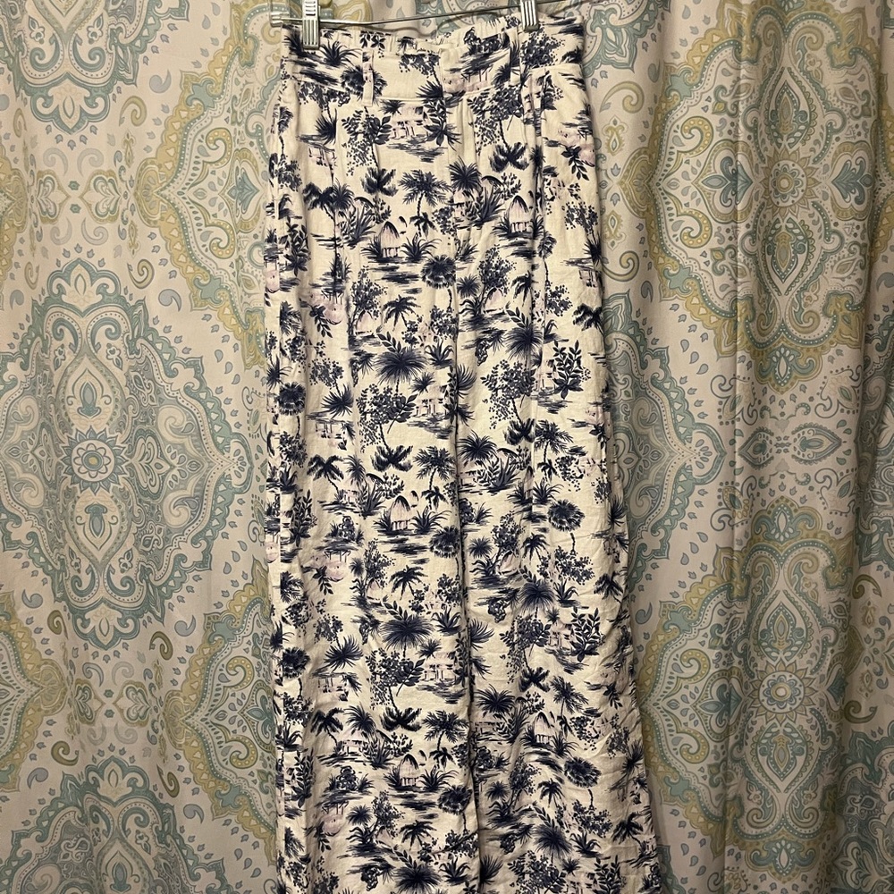 Blue print linen blend tailored pants
